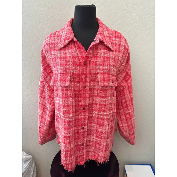 ZARA | Pink Plaid Tweed Preppy Button-Up Oversized Shacket | XL - Picture 2 of 6